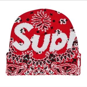 Supreme Red Knit Beanie Bandana Paisley Logo FW